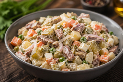 Салат &laquo;Мужской оливье&raquo; часто делаю вместо классики &mdash; пару штрихов, и вкус становится ярче