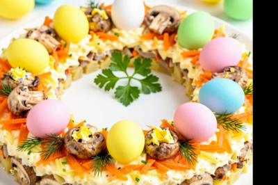 Салат &laquo;Пасхальный венок&raquo; &mdash; вместо скучного оливье: слоистый, сытный и очень нарядный